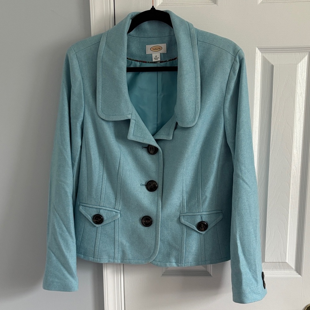 Talbots Wool Blend 3 Button Sky Blue Suit Jacket Blazer Size 12